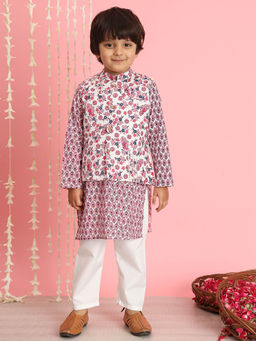 Readiprint - Pink Printed Kurta with Nehru Jacket and Pyjama (Set of 3)