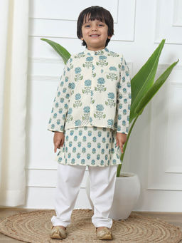 Readiprint - Blue Floral Printed Kurta with Nehru Jacket and Pyjama (Set of 3)