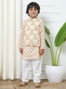 Readiprint - Peach Floral Printed Kurta with Nehru Jacket and Pyjama (Set of 3)