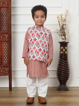 Readiprint - Red Printed Kurta with Nehru Jacket and Pyjama (Set of 3)