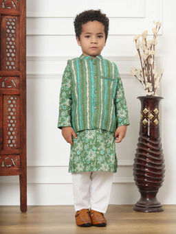 Readiprint - Green Printed Kurta with Nehru Jacket and Pyjama (Set of 3)