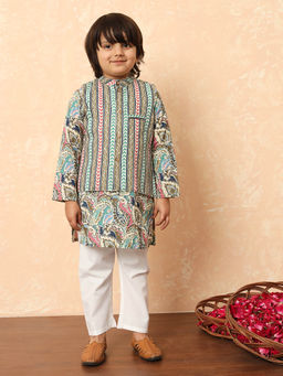 Readiprint - Cream Printed Kurta with Nehru Jacket and Pyjama (Set of 3)