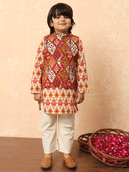 Readiprint - Maroon Printed Kurta with Nehru Jacket and Pyjama (Set of 3)