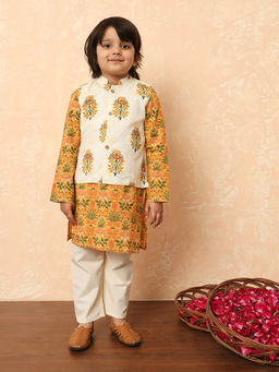 Readiprint - Mustard Printed Kurta with Nehru Jacket and Pyjama (Set of 3)