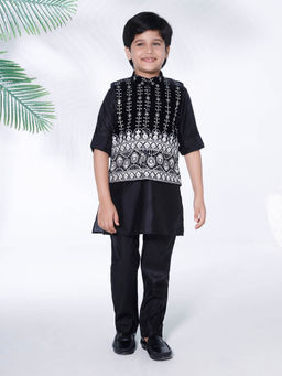 Mini Stitch - Black Embroidered Kurta with Jacket and Pant (Set of 3)