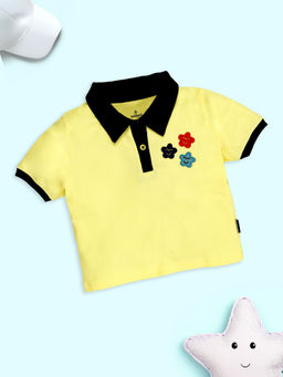 KiddoPanti - Girls Half Sleeves Yellow Smiley Star Patches Crop Polo T-Shirt