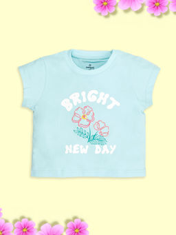 KiddoPanti - Girls Flower Sequnce With Bright New Day Chest Printed T-Shirt - Aqua