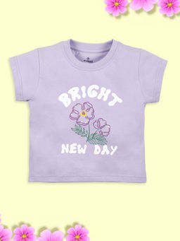 KiddoPanti - Girls Half Sleeves Flower Sequnce With Bright New Day T-Shirt - Purple