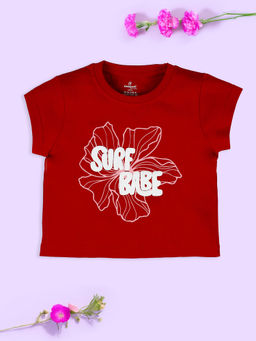 KiddoPanti - Girls Cotton Half Sleeves Surf Babe Text Printed T-Shirt -Red