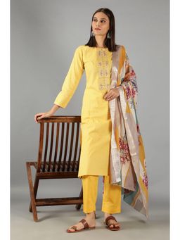 Barara Ethnic - Yellow Floral Printed Kurta With Dupatta (Set of 3)