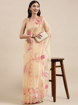 Vastranand - Beige Organza Party Wear Saree With Mirror Work Butta with Unstitched Blouse