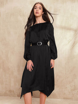U.S. POLO ASSN. - Textured Midi Flared Dress with Belt- Black