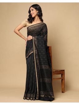 Fabindia - Black Cotton Silk Blend Hand Block Printed Saree without Blouse