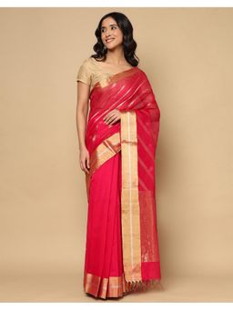 Fabindia - Pink Cotton Silk Blend Chanderi Saree without Blouse