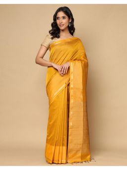 Fabindia - Mustard Cotton Silk Blend Maheshwari Saree without Blouse