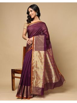 Fabindia - Purple Cotton Silk Blend Maheshwari Saree without Blouse