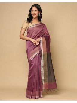 Fabindia - Mauve Cotton Silk Blend Maheshwari Saree without Blouse