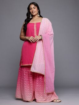 A plus by Ahalyaa - Pink Printed Crepe Square Neck Kurta with Sharara and Dupatta