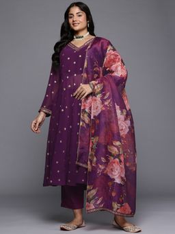 A plus by Ahalyaa - Purple Polka Dots Poly Georgette V-Neck Kurta with Pant and Dupatta