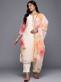 A plus by Ahalyaa - Off White Floral Organza Round Neck Kurta with Pant and Dupatta