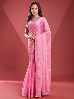 MEENA BAZAAR - Woven Pink Organza Saree with Unstitched Blouse