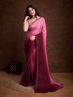 MEENA BAZAAR - Ombre Embellished Maroon Chinon Saree with Unstitched Blouse
