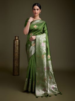 MEENA BAZAAR - Floral Green Art Silk Saree with Unstitched Blouse
