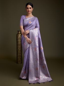MEENA BAZAAR - Floral Purple Art Silk Saree with Unstitched Blouse