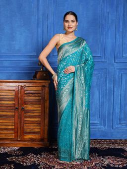 MEENA BAZAAR - Embroidered Blue Crepe Saree with Unstitched Blouse