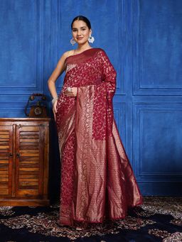 MEENA BAZAAR - Embroidered Maroon Crepe Saree with Unstitched Blouse