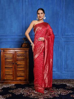 MEENA BAZAAR - Embroidered Red Crepe Saree with Unstitched Blouse