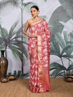 MEENA BAZAAR - Printed Pink Art Silk Saree with Unstitched Blouse