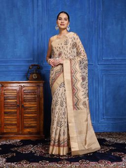 MEENA BAZAAR - Printed Beige Cotton Blend Saree with Unstitched Blouse