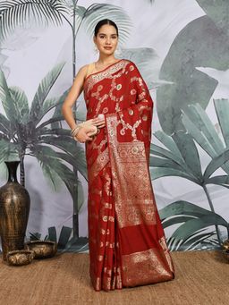 MEENA BAZAAR - Floral Zari Maroon Cotton Blend Saree with Unstitched Blouse