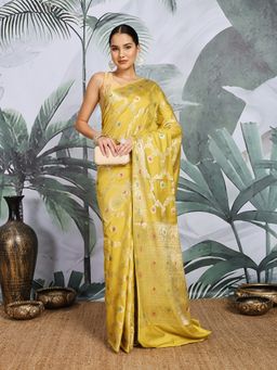 MEENA BAZAAR - Floral Zari Mustard Cotton Blend Saree with Unstitched Blouse