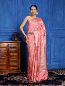 MEENA BAZAAR - Floral Zari Peach Cotton Blend Saree with Unstitched Blouse