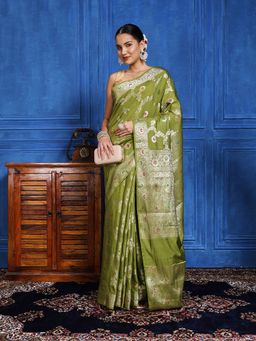 MEENA BAZAAR - Floral Zari Green Cotton Blend Saree with Unstitched Blouse