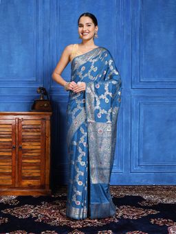 MEENA BAZAAR - Floral Zari Blue Cotton Blend Saree with Unstitched Blouse