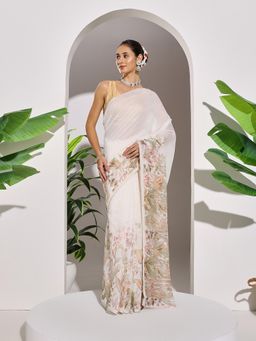 MEENA BAZAAR - Off White Floral Cotton Blend Saree with Unstitched Blouse