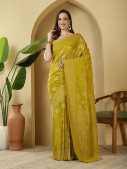 MEENA BAZAAR - Floral Printed Green Georgette Saree with Unstitched Blouse