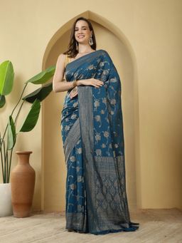 MEENA BAZAAR - Floral Printed Blue Georgette Saree with Unstitched Blouse