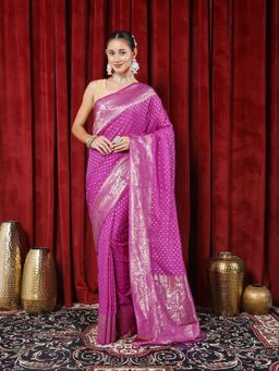MEENA BAZAAR - Paisley Zari Purple Crepe Saree with Unstitched Blouse