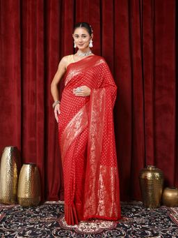 MEENA BAZAAR - Paisley Zari Red Crepe Saree with Unstitched Blouse