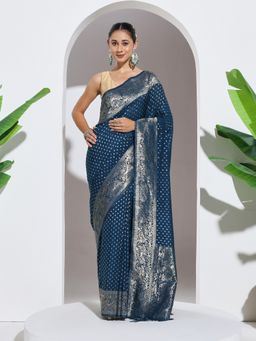 MEENA BAZAAR - Paisley Zari Blue Crepe Saree with Unstitched Blouse