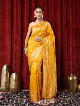 MEENA BAZAAR - Floral Zari Woven Mustard Crepe Saree with Unstitched Blouse