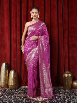 MEENA BAZAAR - Floral Zari Woven Purple Crepe Saree with Unstitched Blouse