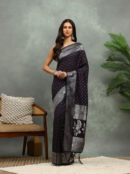 MEENA BAZAAR - Woven Black Crepe Saree with Unstitched Blouse