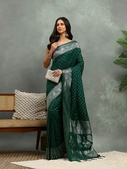 MEENA BAZAAR - Woven Green Crepe Saree with Unstitched Blouse