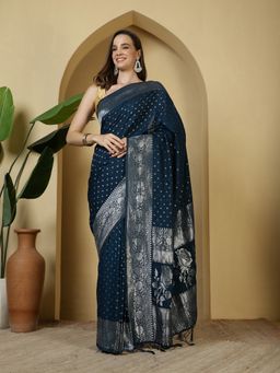 MEENA BAZAAR - Floral Zari Woven Teal Crepe Saree with Unstitched Blouse
