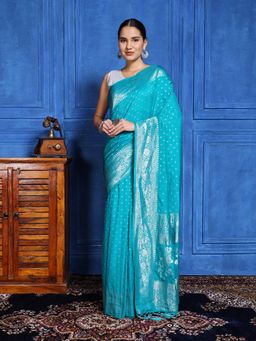 MEENA BAZAAR - Woven Blue Crepe Saree with Unstitched Blouse